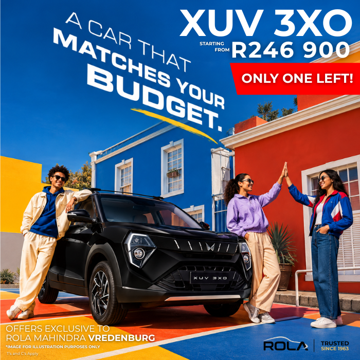 Mahindra XUV 3XO compact SUV at Rola Mahindra Vredenburg, positioned as a budget-friendly Mahindra SUV deal from R246,900, with only one vehicle remaining. Colourful lifestyle scene with three young adults beside the black XUV 3XO. Mahindra cars for sale, Mahindra SUV deals, Mahindra XUV 3XO deals, Mahindra specials and Mahindra finance available at Rola Mahindra Vredenburg. T & C’s Apply.