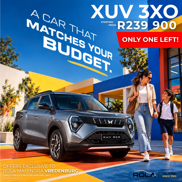 Mahindra XUV 3XO compact SUV deal at Rola Mahindra Vredenburg, starting from R239,900 with only one vehicle left. Family lifestyle scene featuring the XUV 3XO with a mother and child. Mahindra SUV deals, Mahindra XUV 3XO deals, Mahindra specials, Mahindra cars for sale and Mahindra finance in Vredenburg. T & C’s Apply.