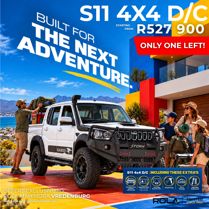 Mahindra Pik Up S11 4X4 Double Cab from R527,900 at Rola Mahindra Vredenburg, with only one left. White Mahindra Pik Up shown in a family adventure setting, with rugged Karoo styling and included extras including upgraded front and rear bumpers, upgraded radio with Android and Apple CarPlay, reverse camera, rubberising, Karoo package and upgraded suspension. Mahindra Pik Up deals, Mahindra bakkie deals, Mahindra bakkies for sale, Mahindra specials and Mahindra finance. T & C’s Apply.